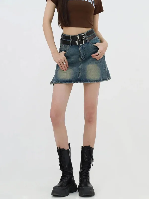 Grunge Double Belt Loop Denim Mini Skirt sold by Streetwear Society