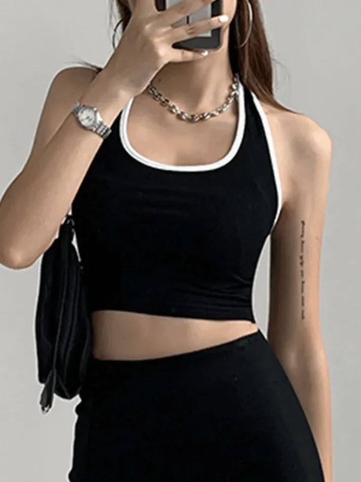 Contrast Trim Cropped Halter Tank Top sold by Streetwear Society