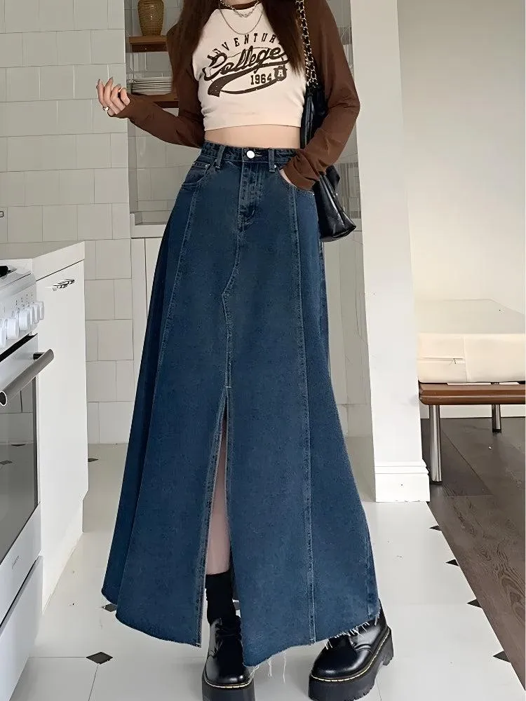 Denim Slit Frayed Hem Maxi Skirt sold by Streetwear Society product image thumbnail 4