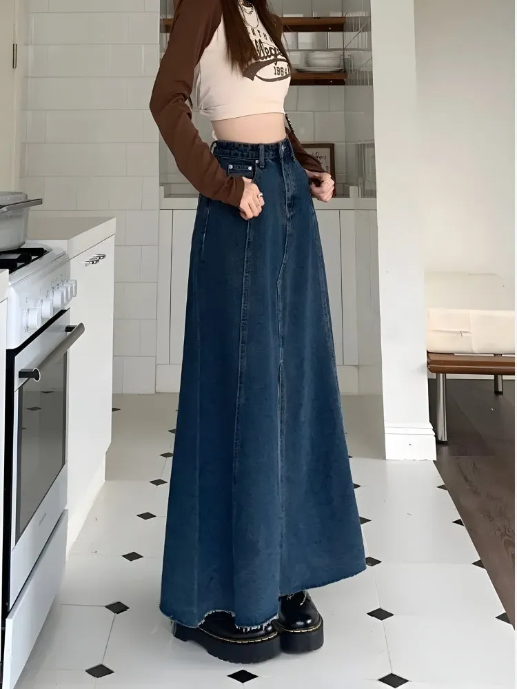 Denim Slit Frayed Hem Maxi Skirt sold by Streetwear Society product image thumbnail 3