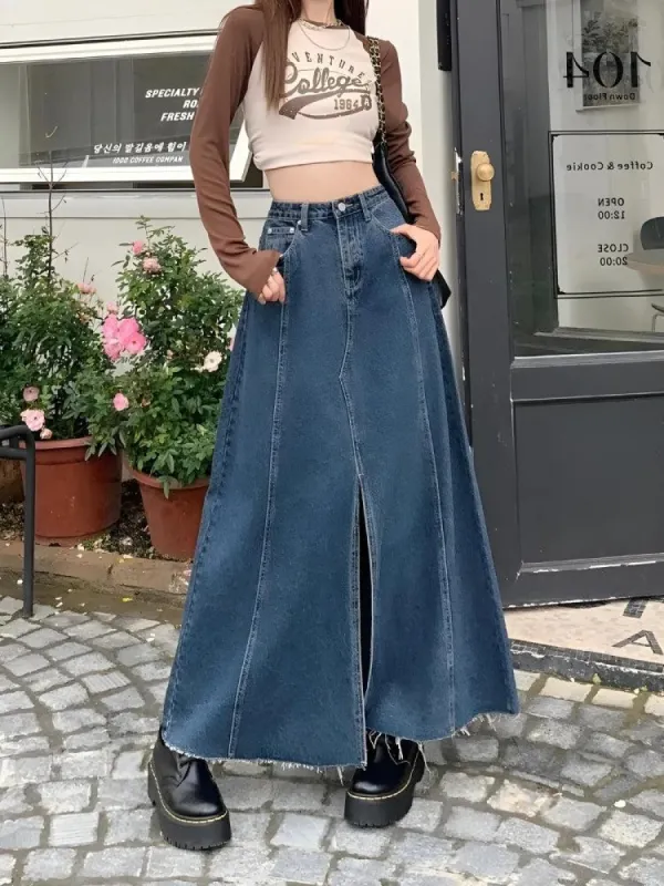 Denim Slit Frayed Hem Maxi Skirt sold by Streetwear Society