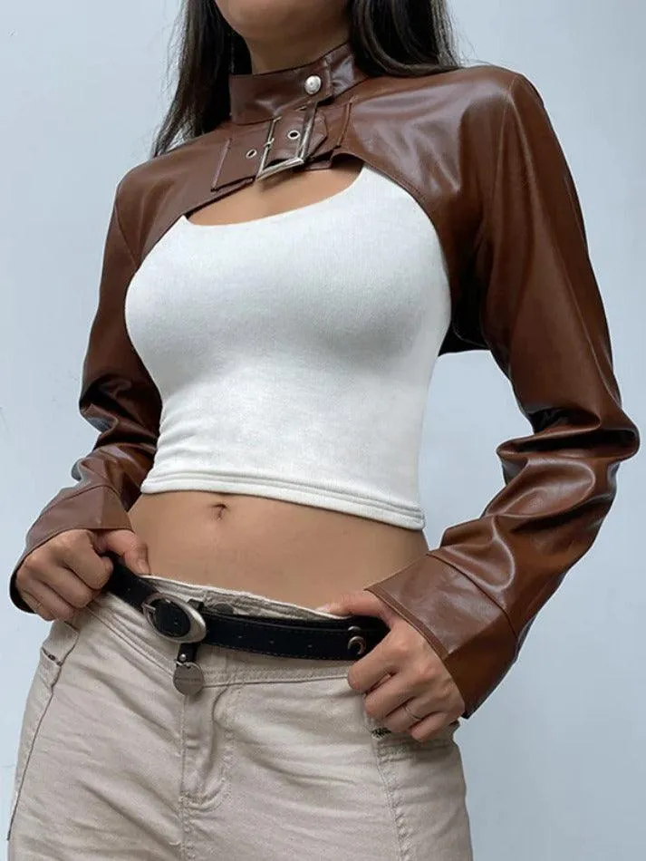 Vintage Brown Ultra Short Metal Buckle Leather Jacket sold by Streetwear Society product image thumbnail 2