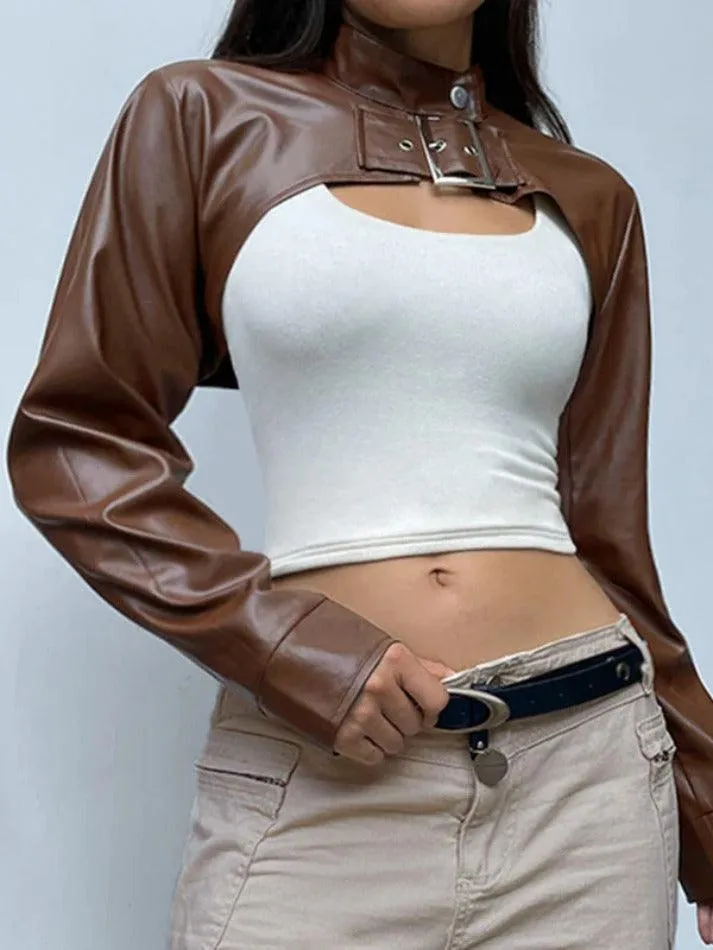 Vintage Brown Ultra Short Metal Buckle Leather Jacket sold by Streetwear Society