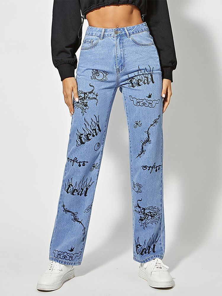 Graphic Print Wide Leg Jeans sold by Streetwear Society