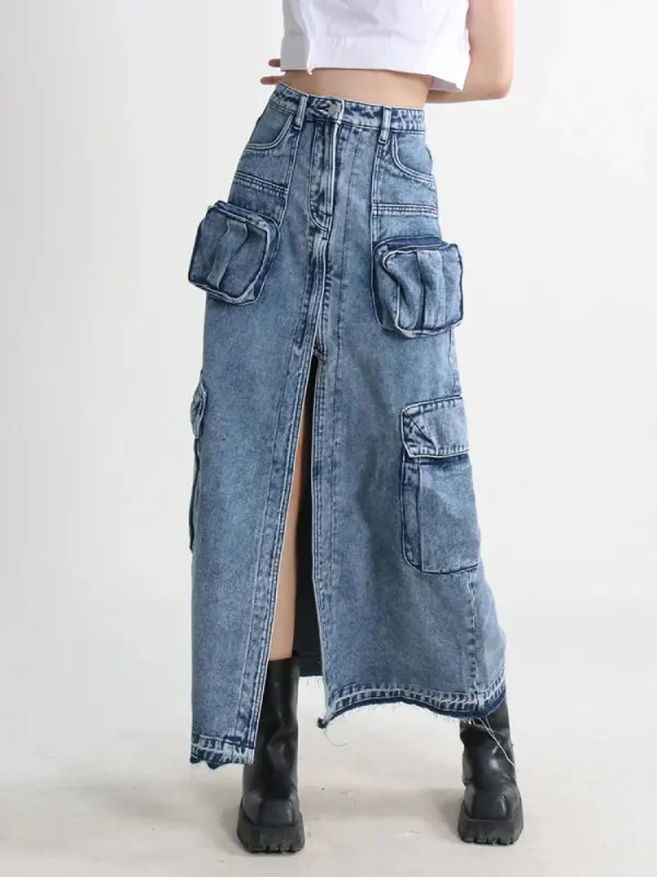 Cargo Split Denim Midi Skirt sold by Streetwear Society