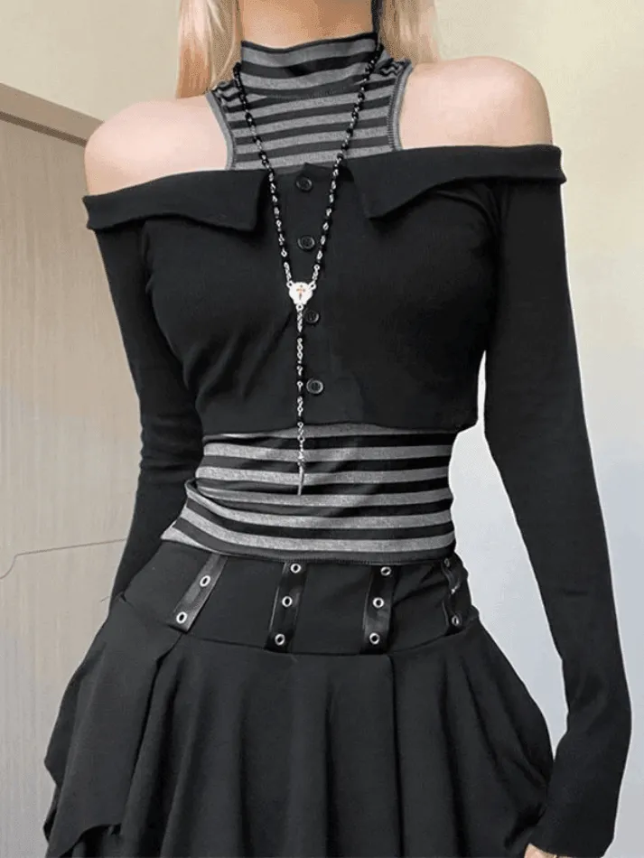 Off Shoulder Long Sleeve Top & Striped Tank Set sold by Streetwear Society product image thumbnail 4