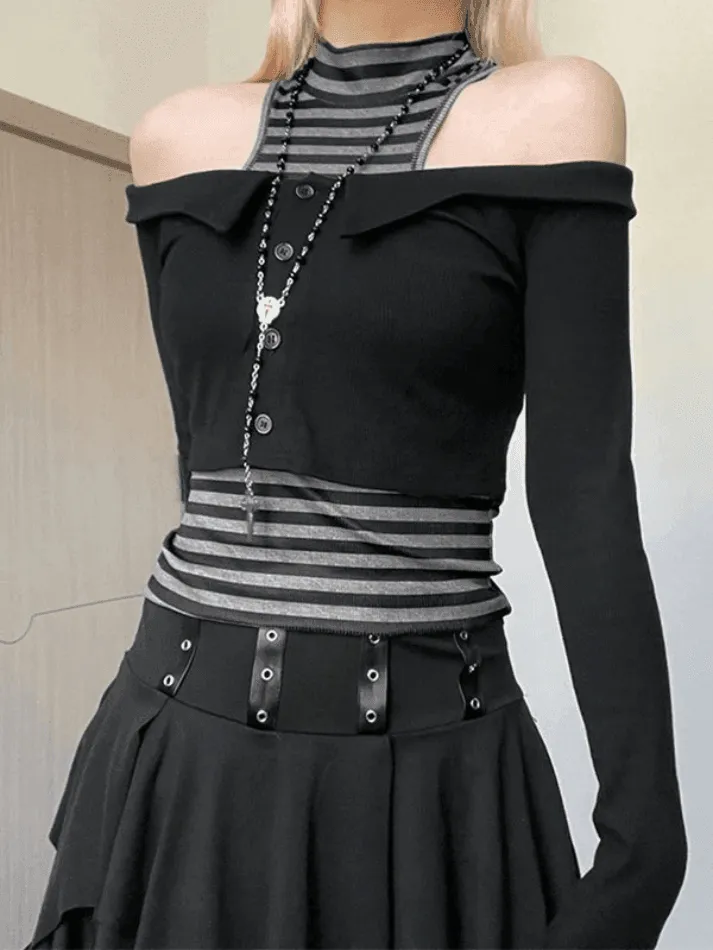 Off Shoulder Long Sleeve Top & Striped Tank Set sold by Streetwear Society product image thumbnail 2