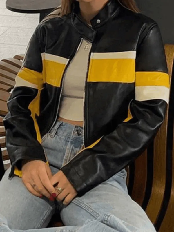 Color Block Cropped Pu Leather Moto Jacket sold by Streetwear Society