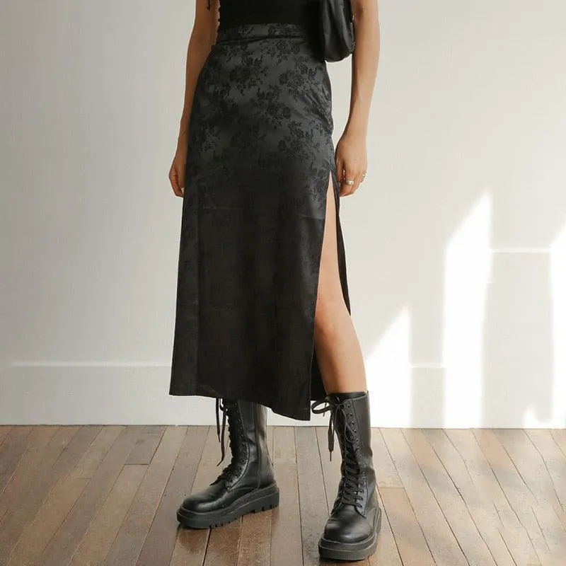 Dark Floral Side Slit Midi Skirt sold by Streetwear Society
