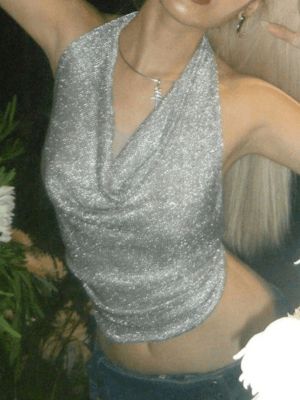 Metallic Silver Halter Cropped Tank Top sold by Streetwear Society