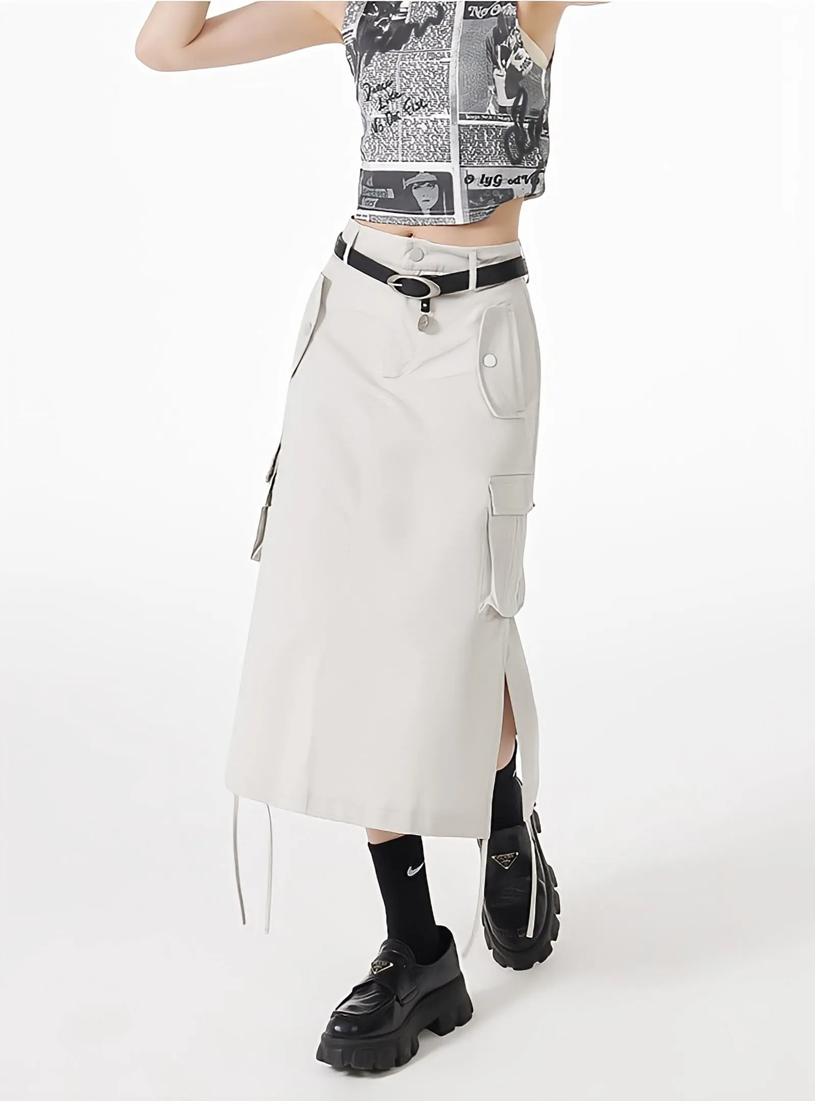 Slit & String Detailed Cargo Midi Skirt sold by Streetwear Society product image thumbnail 2