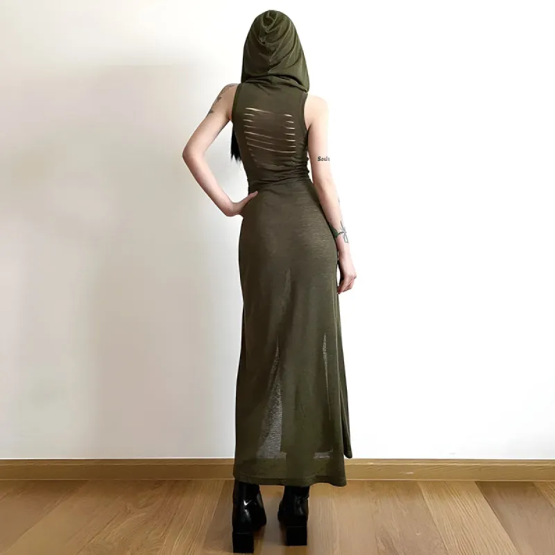 Goth Hooded Cut Out Back Midi Dress sold by Streetwear Society
