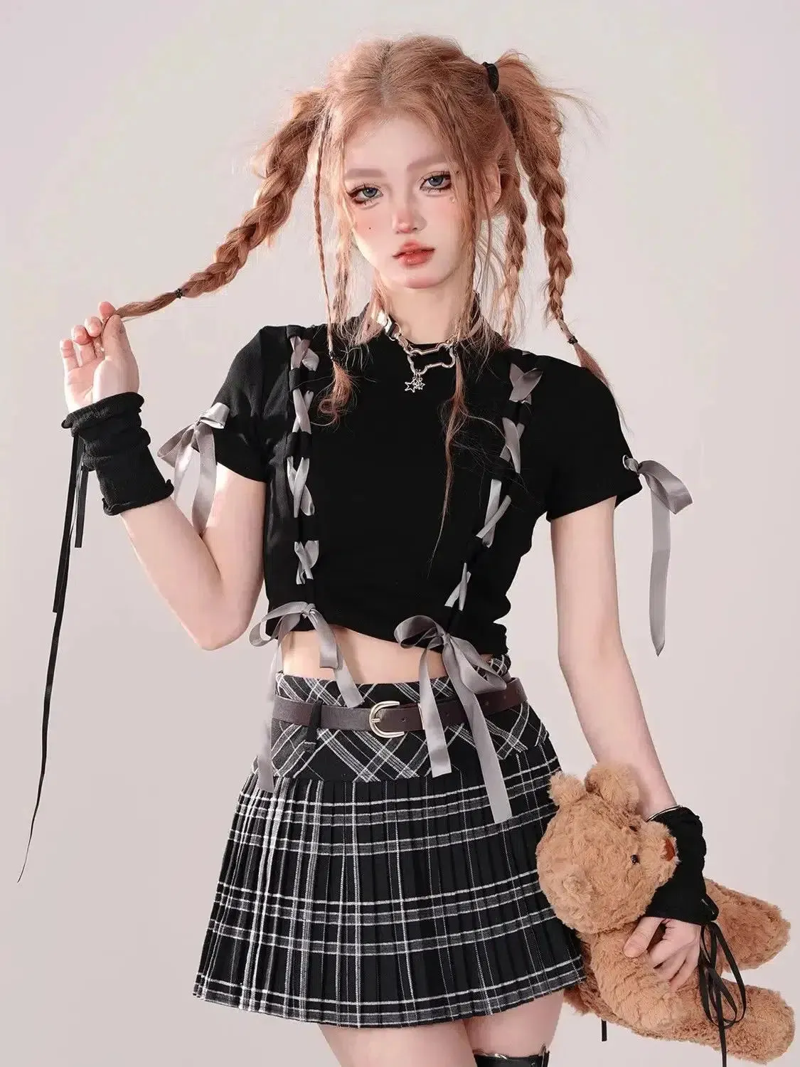 Grunge Coquette Lace Up Crop Top sold by Streetwear Society