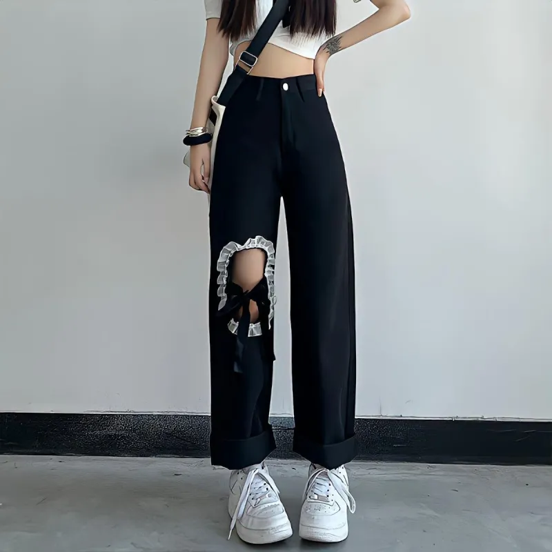 Lace Up Knee Washed Jeans sold by Streetwear Society