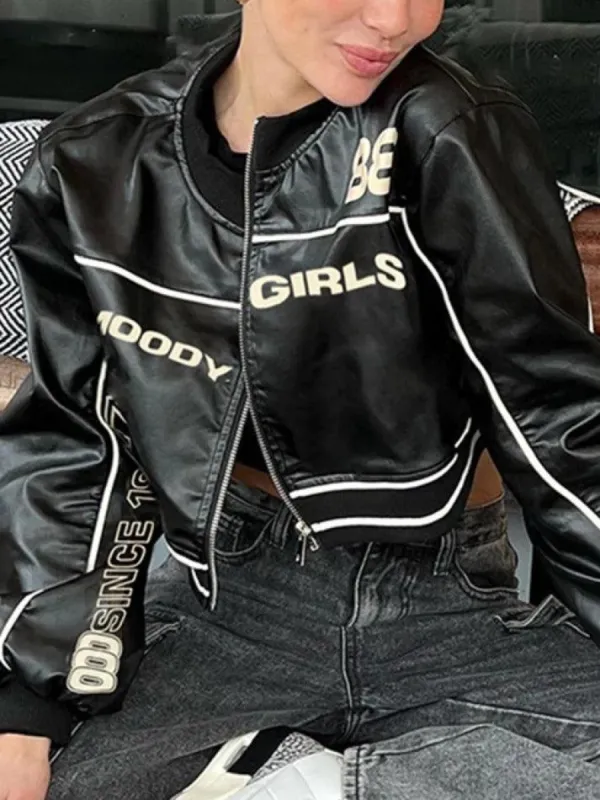 Contrast Color Print Splice Leather Short Jacket sold by Streetwear Society