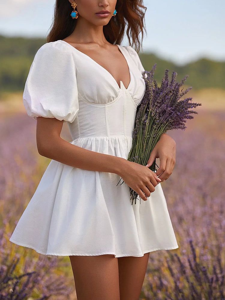 V Neck Puff Short Sleeve Mini Dress sold by Streetwear Society product image thumbnail 3