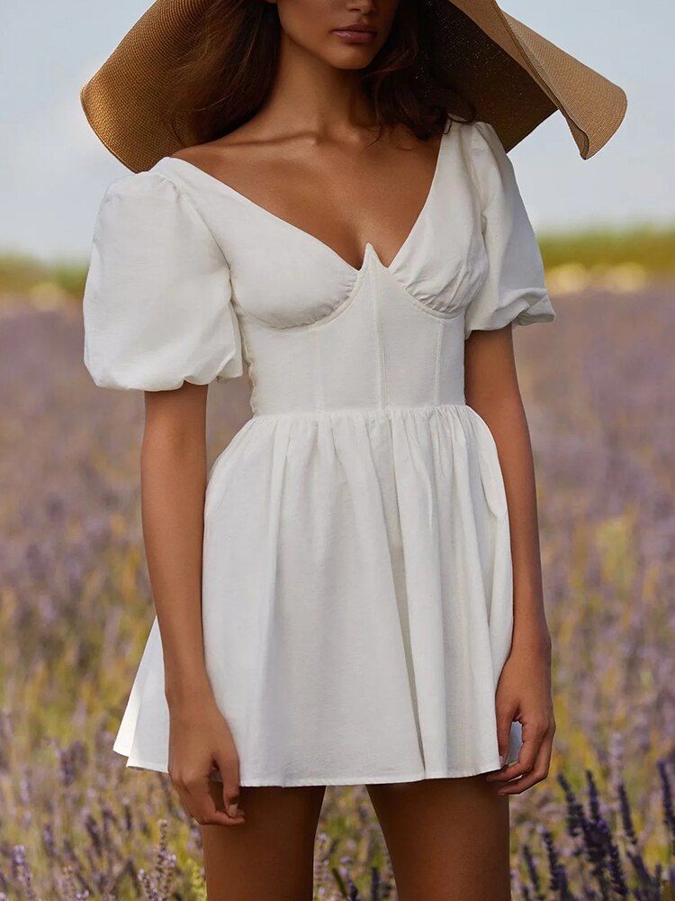 V Neck Puff Short Sleeve Mini Dress sold by Streetwear Society product image thumbnail 2