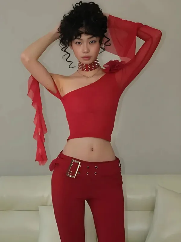 Baddie Rose One Shoulder Mesh Top sold by Streetwear Society