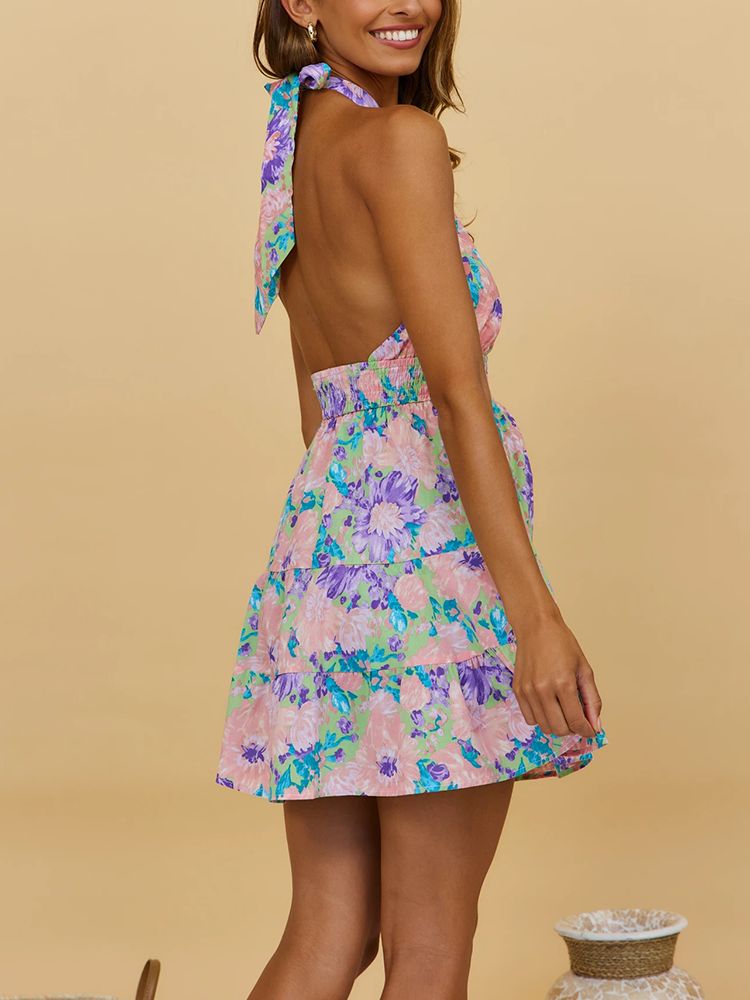 Floral Print Halter Sleeveless Backless Mini Dress sold by Streetwear Society product image thumbnail 3