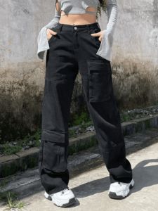 Faded black baggy cargo jeans with pocket sold by Streetwear Society