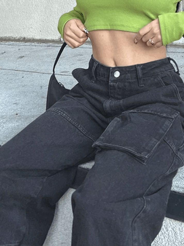 Faded black baggy cargo jeans with pocket sold by Streetwear Society product image thumbnail 2