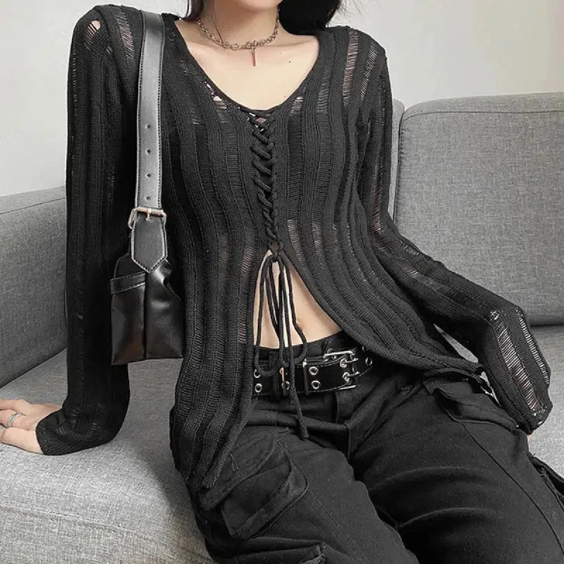 Y2K Grunge Sheer Lace Up Knitted Top sold by Streetwear Society