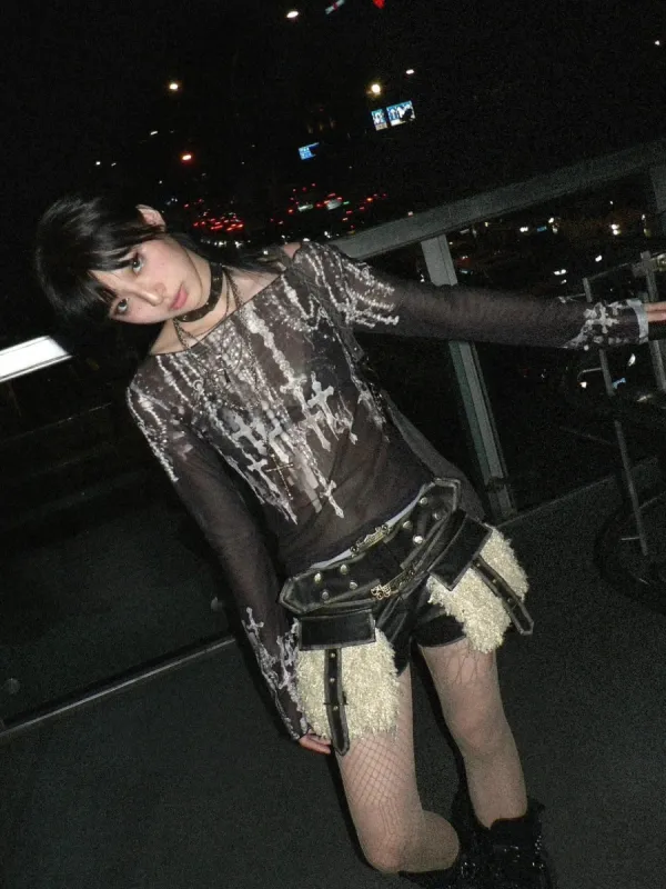 Grunge Cross Wide Neck Mesh Top sold by Streetwear Society