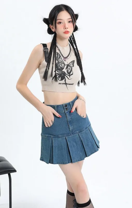 Y2K Pleated Jean Mini Skort sold by Streetwear Society