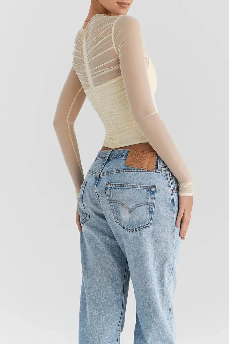 Ruched Sheer Zip-Up Mesh Top sold by Streetwear Society product image thumbnail 2