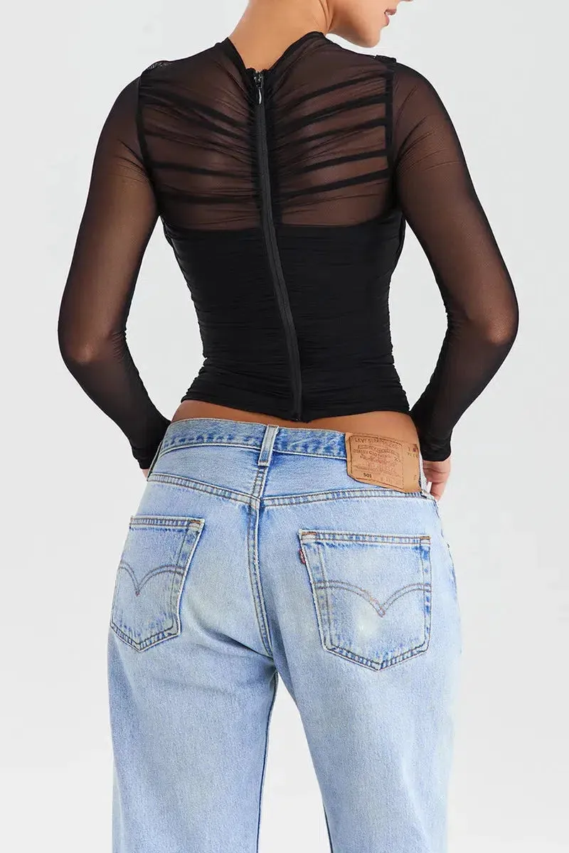 Ruched Sheer Zip-Up Mesh Top sold by Streetwear Society product image thumbnail 3