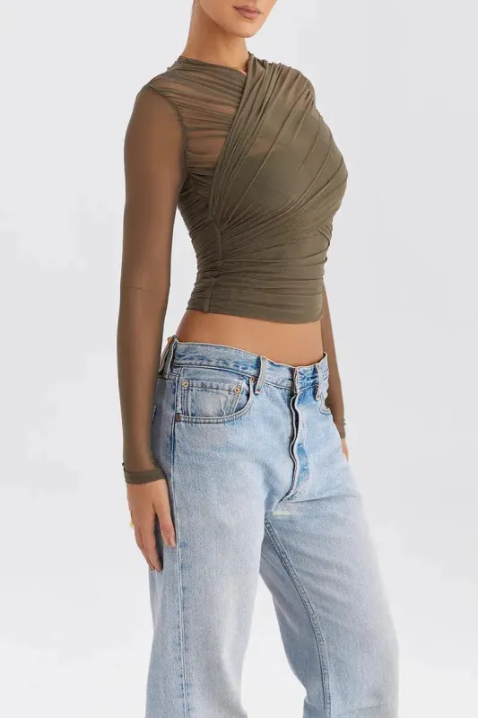 Ruched Sheer Zip-Up Mesh Top sold by Streetwear Society