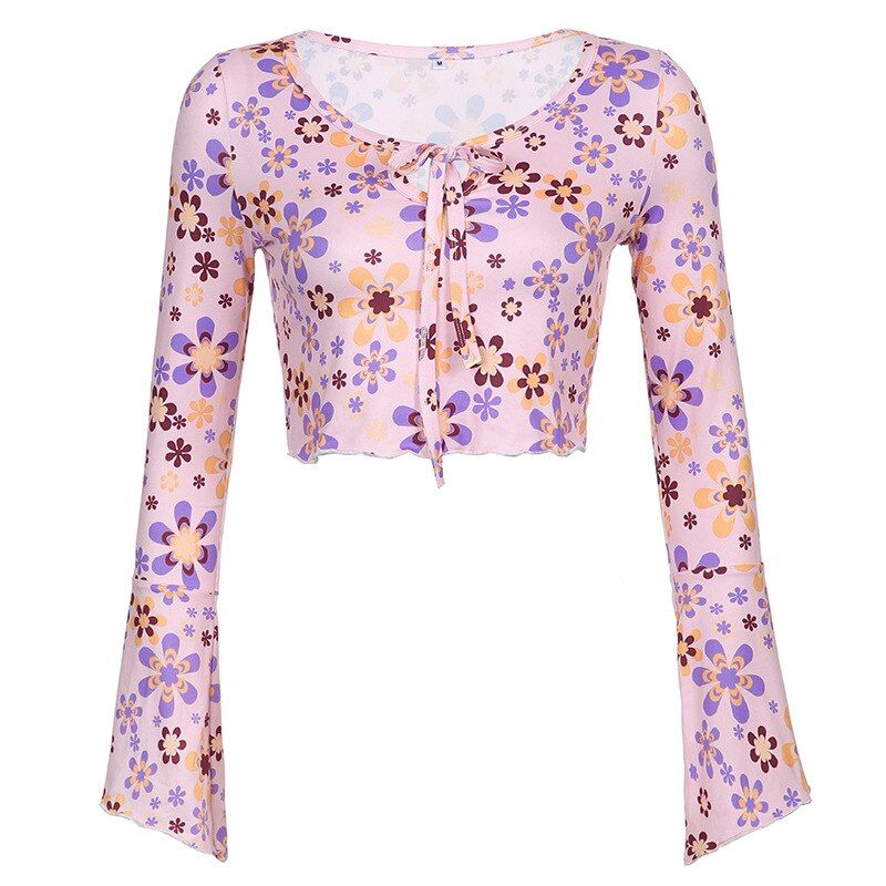 Y2k Aesthetic Floral Flare Sleeve Purple Crop Top sold by Streetwear Society product image thumbnail 4