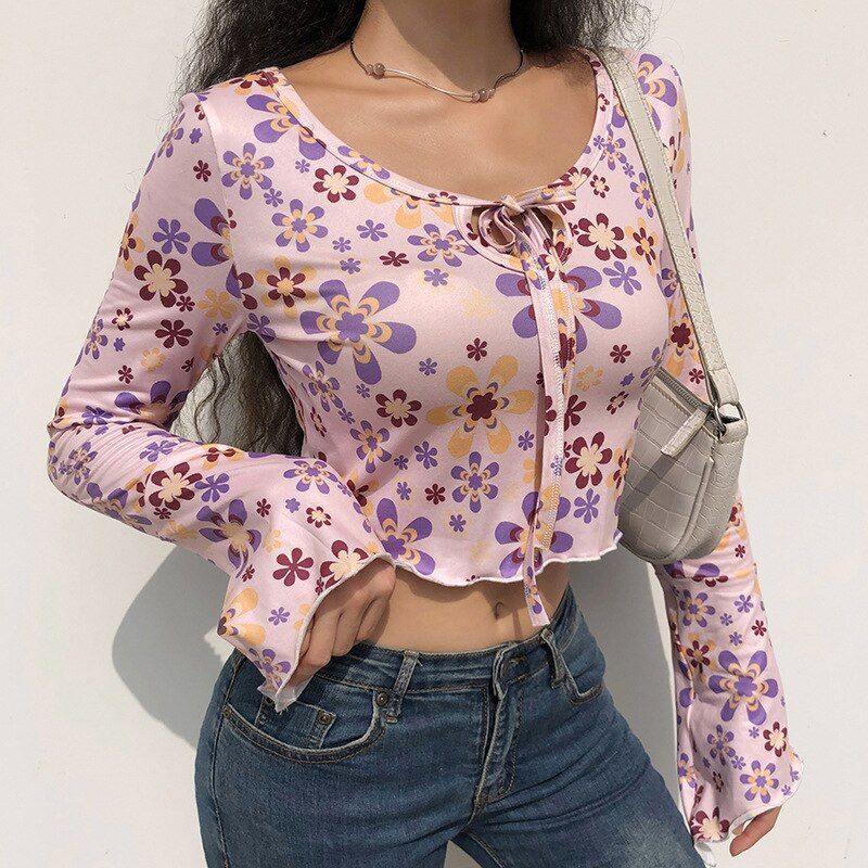 Y2k Aesthetic Floral Flare Sleeve Purple Crop Top sold by Streetwear Society product image thumbnail 2