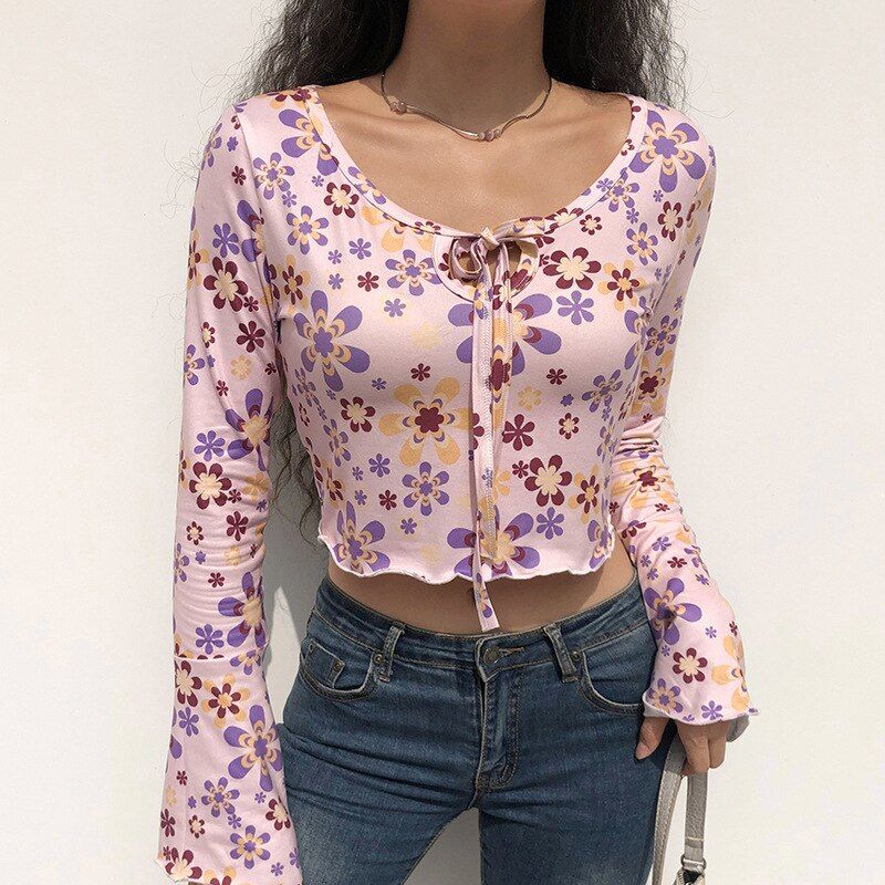 Y2k Aesthetic Floral Flare Sleeve Purple Crop Top sold by Streetwear Society product image thumbnail 5