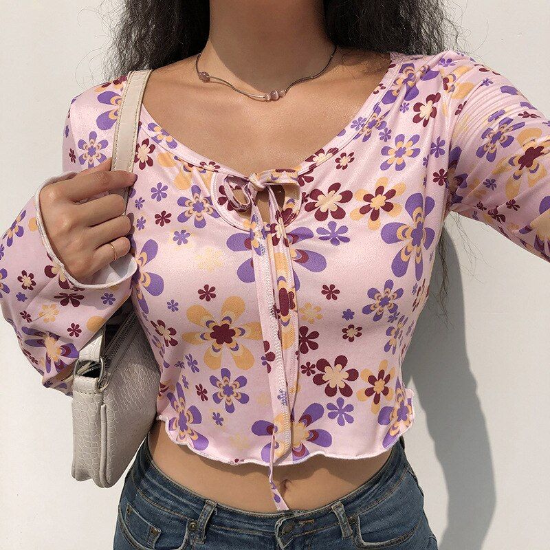 Y2k Aesthetic Floral Flare Sleeve Purple Crop Top sold by Streetwear Society product image thumbnail 3