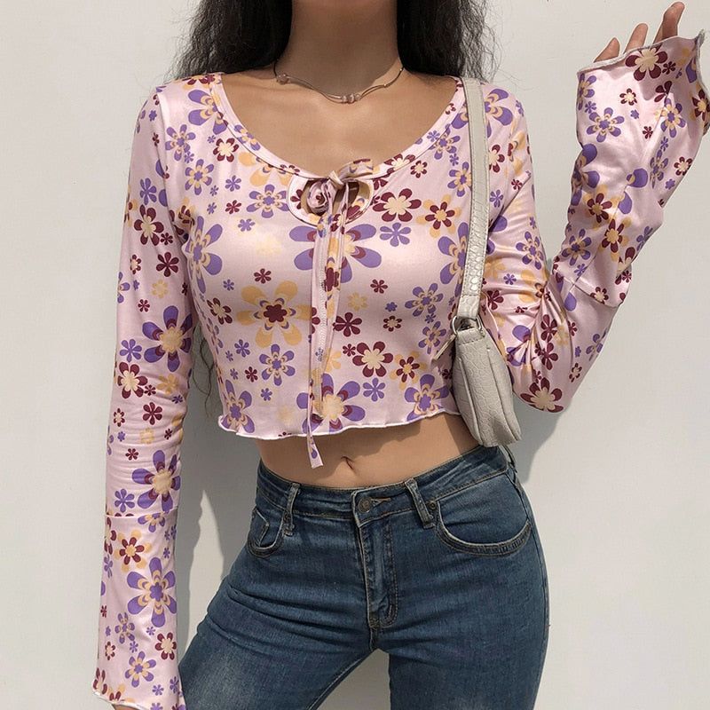 Y2k Aesthetic Floral Flare Sleeve Purple Crop Top sold by Streetwear Society