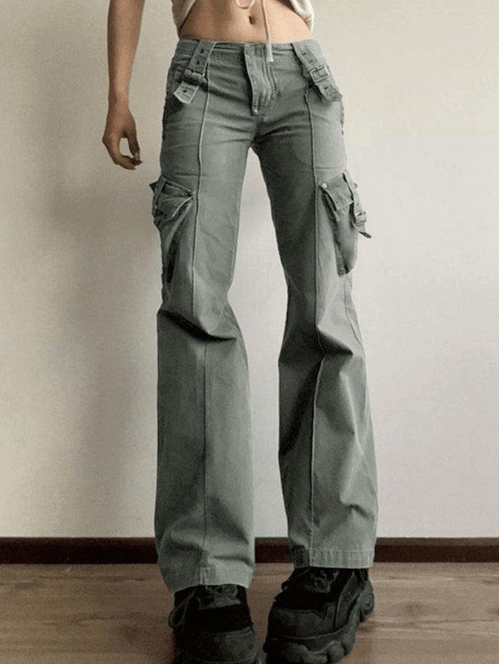 Baggy cargo jeans with zip fly and buckle strap sold by Streetwear Society