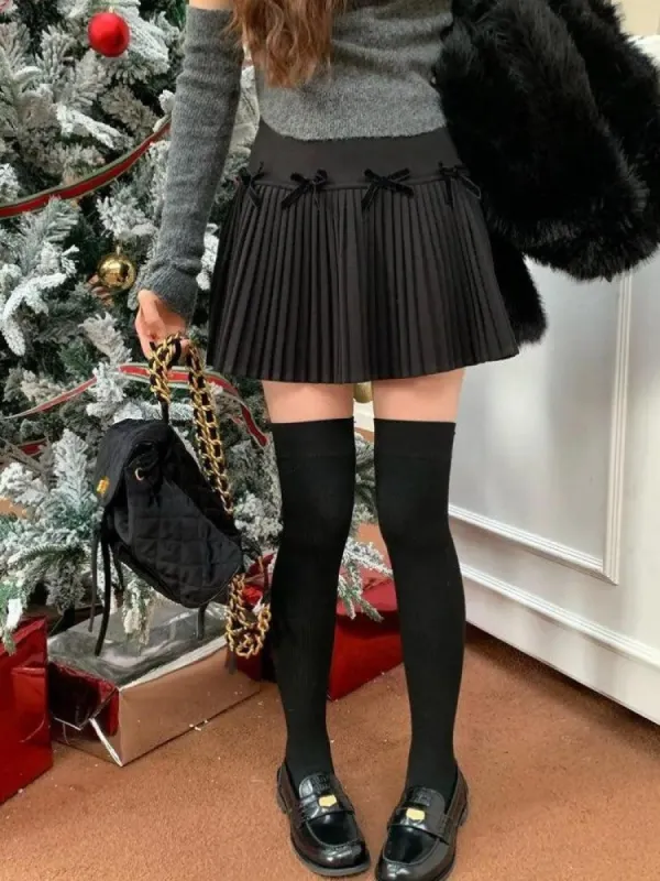 Dark Academia Bow Pleated Mini Skirt sold by Streetwear Society