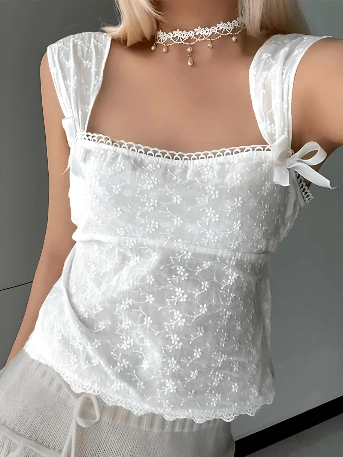 Embroidered Bow Lace Stitching Tank Top sold by Streetwear Society product image thumbnail 2