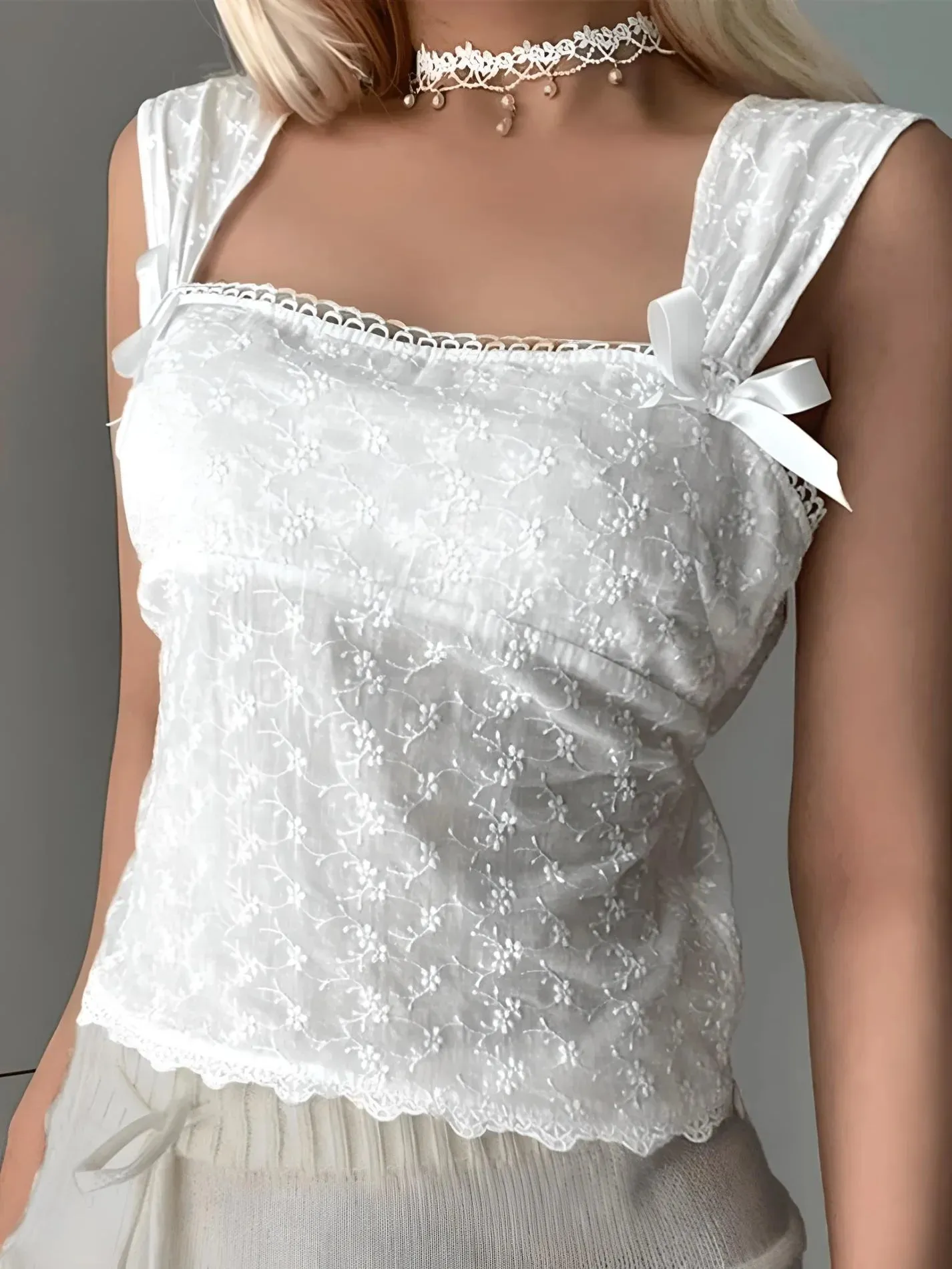 Embroidered Bow Lace Stitching Tank Top sold by Streetwear Society