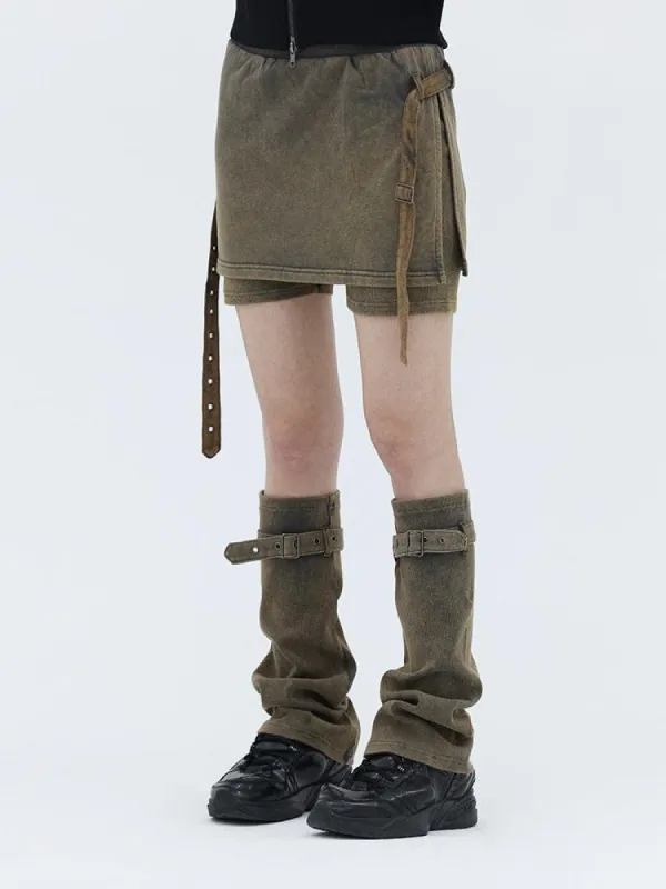 Belt Detail Denim Mini Skort With Leg Warmer sold by Streetwear Society