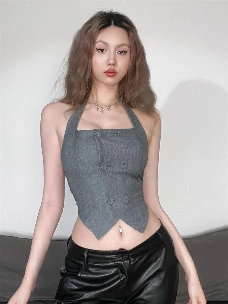 Buttoned Crop Halter Top sold by Streetwear Society