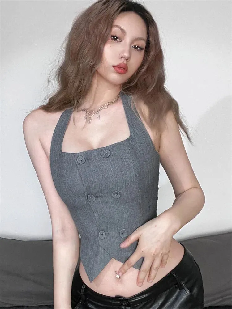 Buttoned Crop Halter Top sold by Streetwear Society product image thumbnail 4