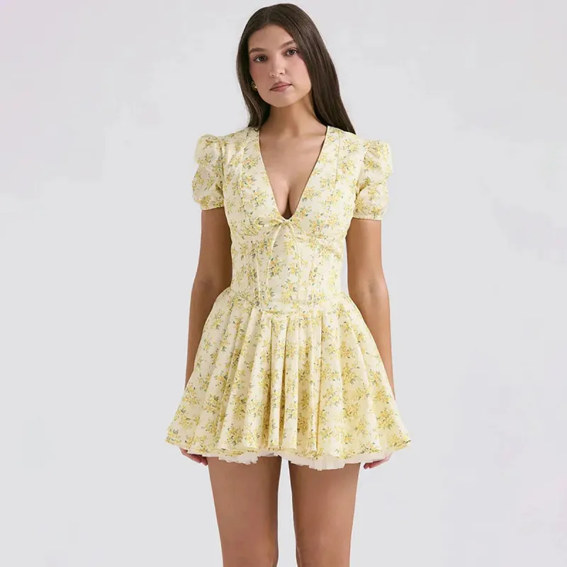 Cottagecore Floral Plunge Neck Mini Dress sold by Streetwear Society