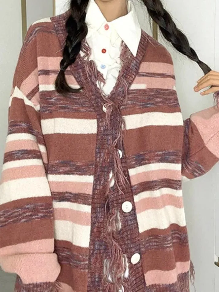 Tassel stripe v neck loose cardigan sold by Streetwear Society product image thumbnail 2