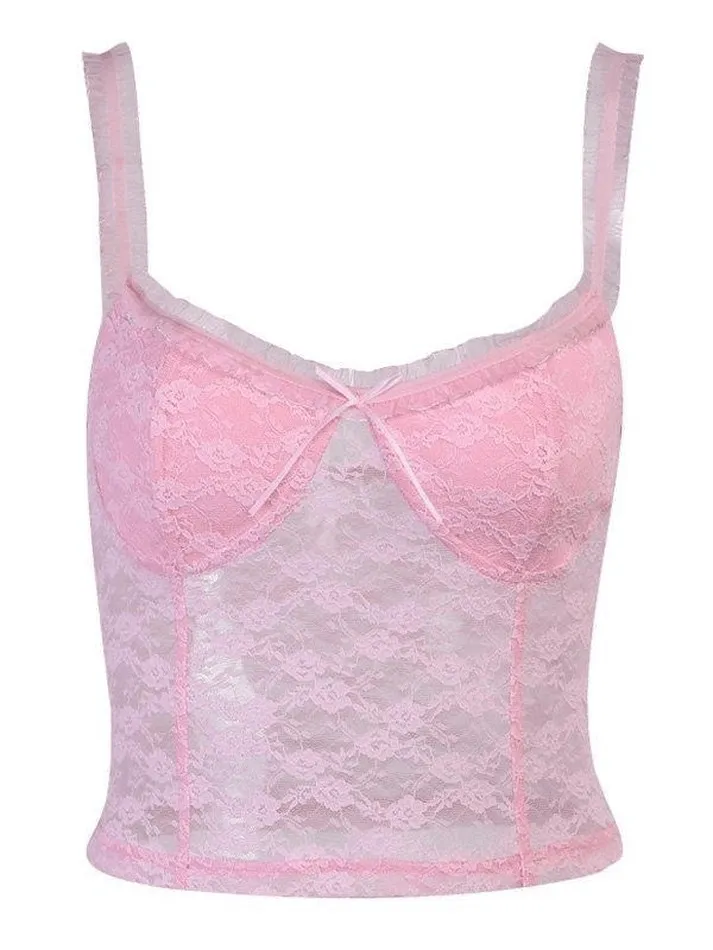 Pink Lace Crop Vest Tank Top sold by Streetwear Society product image thumbnail 3