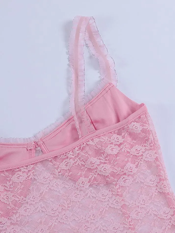 Pink Lace Crop Vest Tank Top sold by Streetwear Society product image thumbnail 5