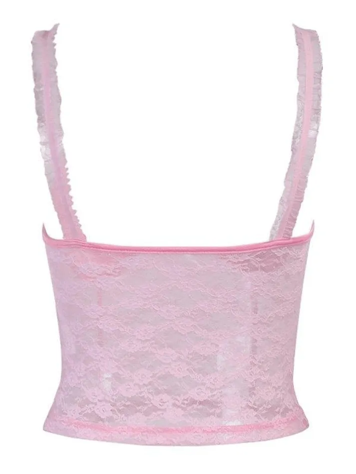 Pink Lace Crop Vest Tank Top sold by Streetwear Society product image thumbnail 4