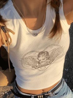 Love Angel Print White Short Tank Top sold by Streetwear Society