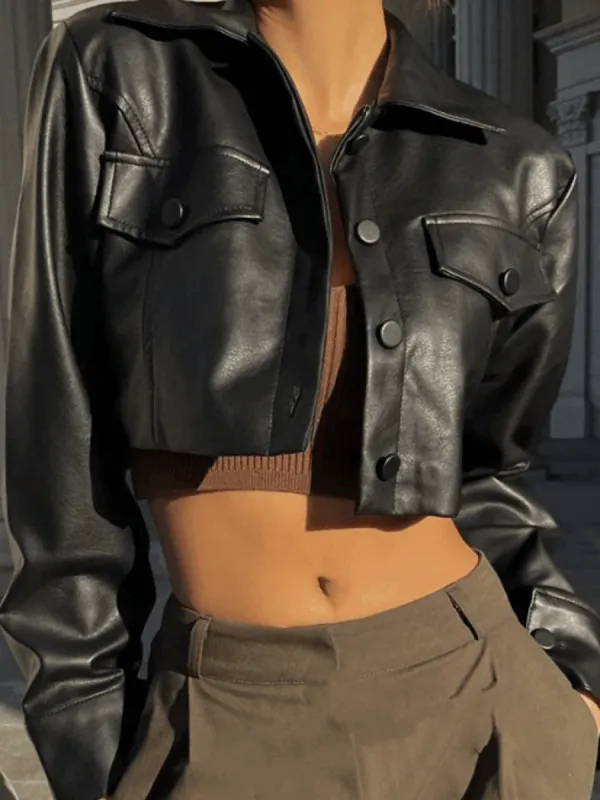 Cropped Black Faux Leather Biker Jacket sold by Streetwear Society